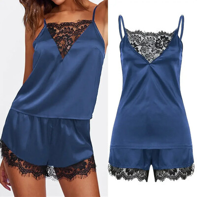 Moteriškos ledinės šilko pižamos miegui Pižamos rinkinys Naktiniai marškiniai Naktinis marškinys Kamizolis Šortai Juodi Raudoni L XL Nėriniai Kasdieniai Sexy Smooth 파자마