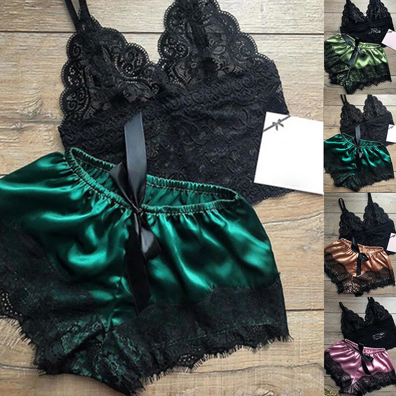 2 gab. Seksīgs pidžamas komplekts Sieviešu seksīgs mežģīņu raibs satīna zīda spageti siksniņas tops, karsti šorti pidžamas sieviešu guļamveļa sieviešu pidžamas