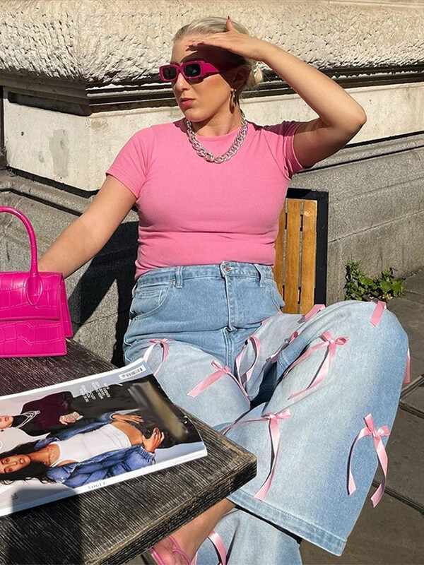 Juostelė tiesūs, maišyti džinsai Moteriški džinsai su aukštu juosmeniu, skalbti sunerimę ilgos kelnės, kasdienė 2025 m. mada, nauja, miela, moteriški laisvi džinsai