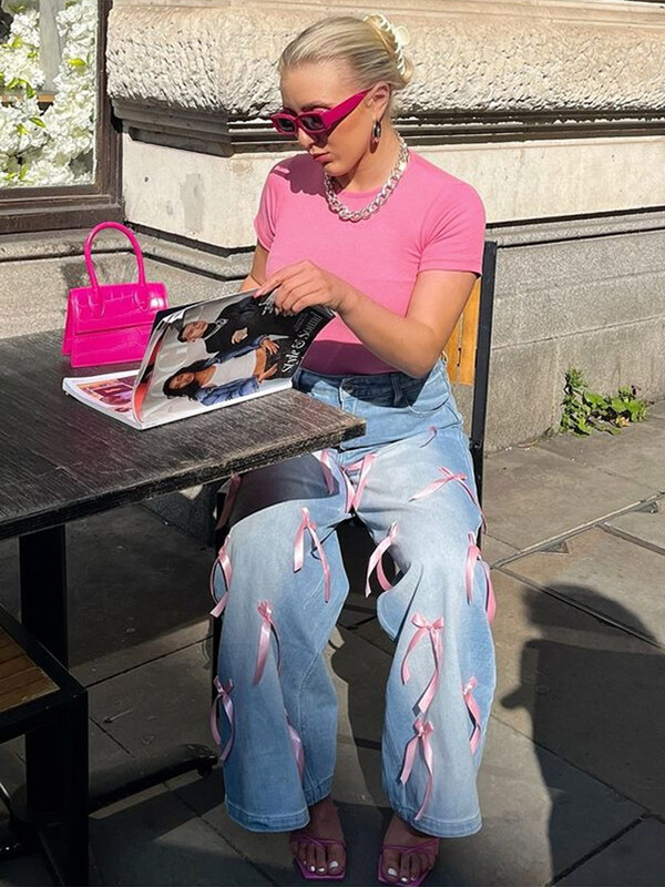 Juostelė tiesūs, maišyti džinsai Moteriški džinsai su aukštu juosmeniu, skalbti sunerimę ilgos kelnės, kasdienė 2025 m. mada, nauja, miela, moteriški laisvi džinsai