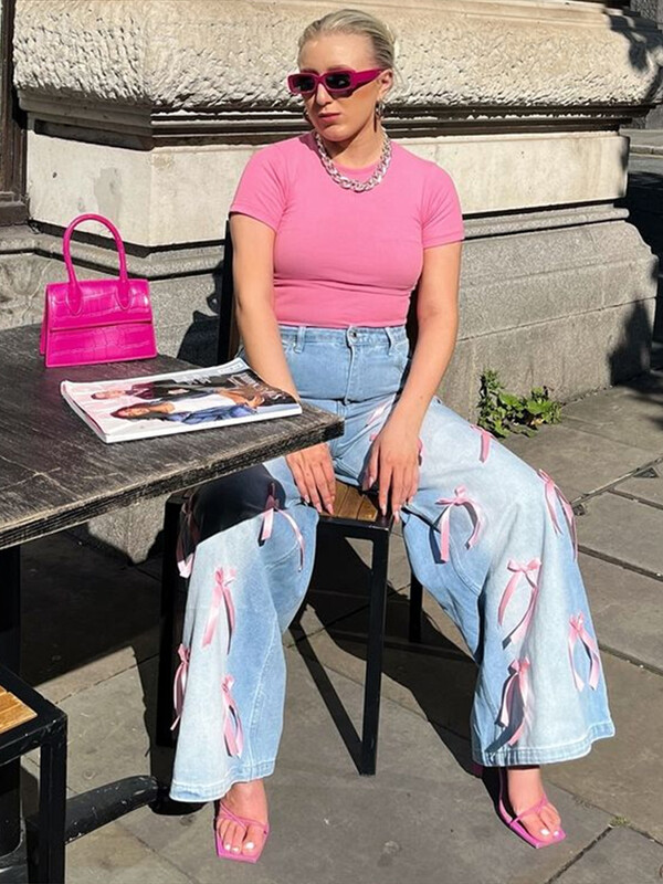 Juostelė tiesūs, maišyti džinsai Moteriški džinsai su aukštu juosmeniu, skalbti sunerimę ilgos kelnės, kasdienė 2025 m. mada, nauja, miela, moteriški laisvi džinsai