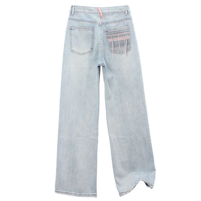 Amerikāņu vintage pavasara jauns tauriņu izšūšanas dizains plīša džinsi ar rāvējslēdzēju, kabatas ar rāvējslēdzēju, platas kājas, taisnas bikses