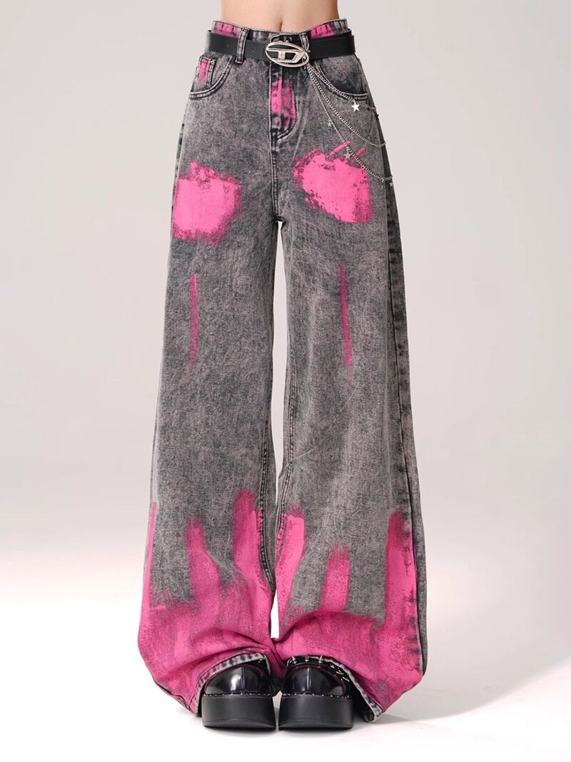 Sieviešu džinsi ar grafiti apdruku ar taisnām kājām ar augstu vidukli ar platām kājām, brīvas bikses ar zemi garumu