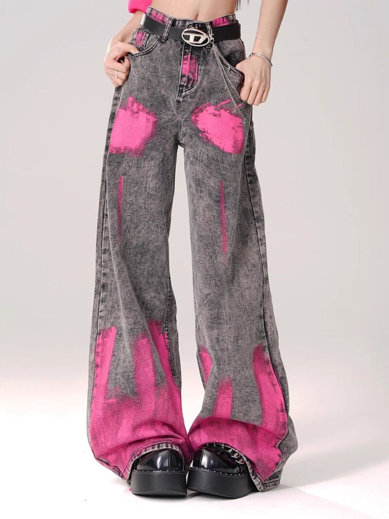 Sieviešu džinsi ar grafiti apdruku ar taisnām kājām ar augstu vidukli ar platām kājām, brīvas bikses ar zemi garumu