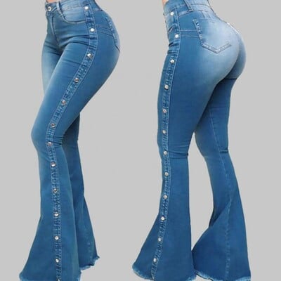 Pantaloni de blugi evazați cu picioare late pentru femei Pantaloni de blugi sexy Pantaloni de blugi evazați spălați Blugi evazați de denim elastic respirabili cu nituri