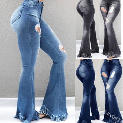 Naised Pikad teksad Denim Flare Püksid Tutt Püksid Hole Kõrge Vöökoht Sinine Y2k Elegant Splice Slim Sirged Püksid Rebenenud Teksad