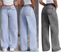 Moterys Baggy Jeans Bow siuvinėti džinsai Moteriškos aukšto juosmens tiesios kelnės