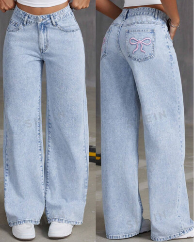 Moterys Baggy Jeans Bow siuvinėti džinsai Moteriškos aukšto juosmens tiesios kelnės