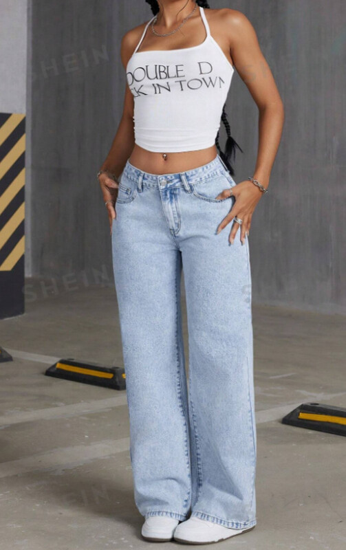 Moterys Baggy Jeans Bow siuvinėti džinsai Moteriškos aukšto juosmens tiesios kelnės