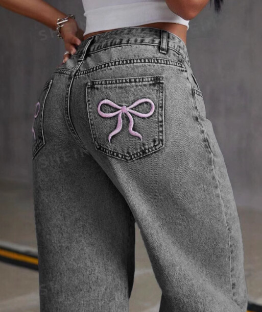 Moterys Baggy Jeans Bow siuvinėti džinsai Moteriškos aukšto juosmens tiesios kelnės
