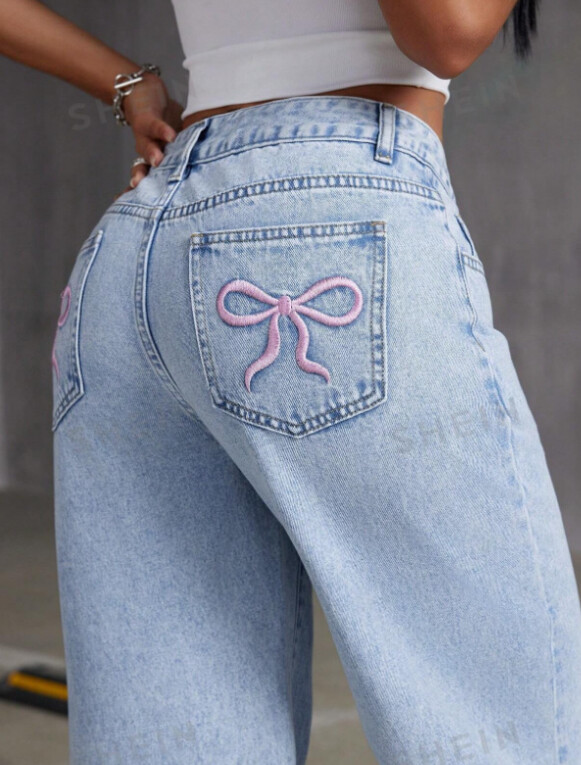 Moterys Baggy Jeans Bow siuvinėti džinsai Moteriškos aukšto juosmens tiesios kelnės