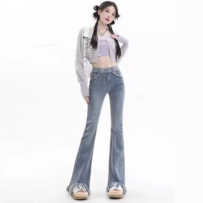 2024 Toamna Vintage Spicy Girl Micro Flare Jeans Pantaloni noi de slăbit pentru femei, cu talie înaltă, cu franjuri, cu potcoavă