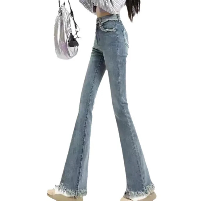 2024 m. rudens vintažiniai pikantiški mergaitiški džinsai, moteriški, naujos liekninančios aukšto juosmens kutais pasagos kelnės
