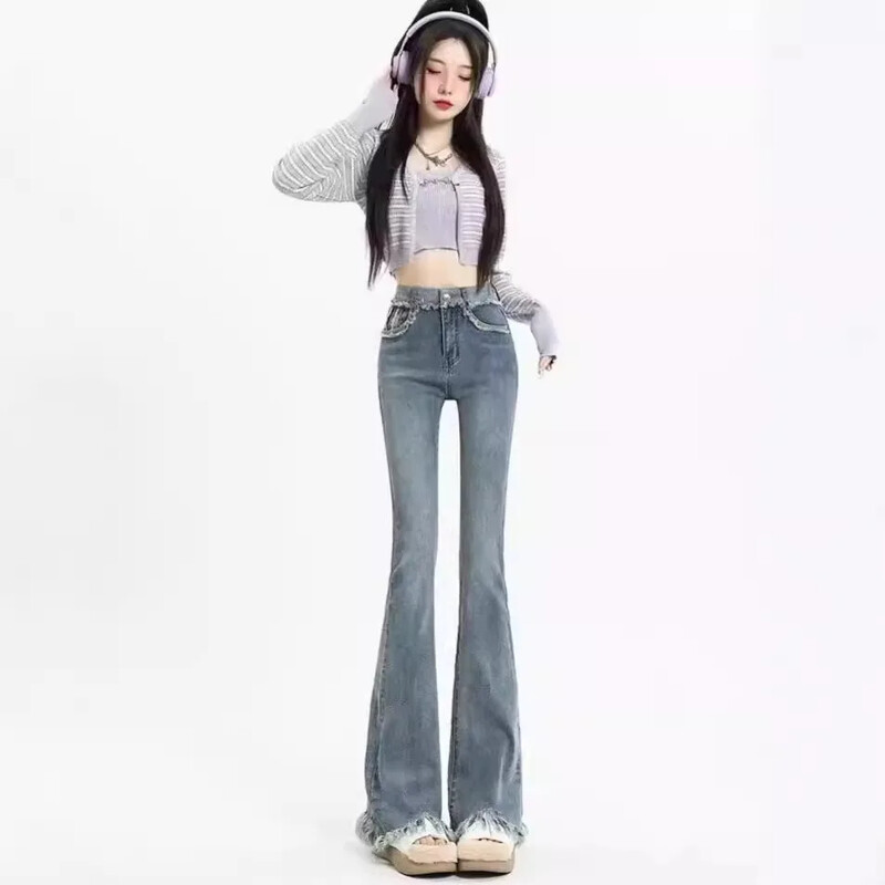 2024 m. rudens vintažiniai pikantiški mergaitiški džinsai, moteriški, naujos liekninančios aukšto juosmens kutais pasagos kelnės