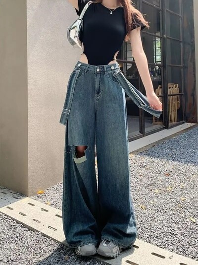 Liela izmēra slaidinoši, brīvi pieguļoši džinsi ar taisnām kājām ar augstu vidukli Sieviešu pavasara rudens modes garās bikses