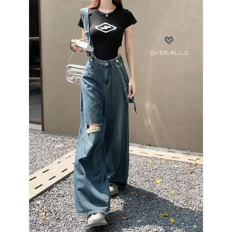 Liela izmēra slaidinoši, brīvi pieguļoši džinsi ar taisnām kājām ar augstu vidukli Sieviešu pavasara rudens modes garās bikses