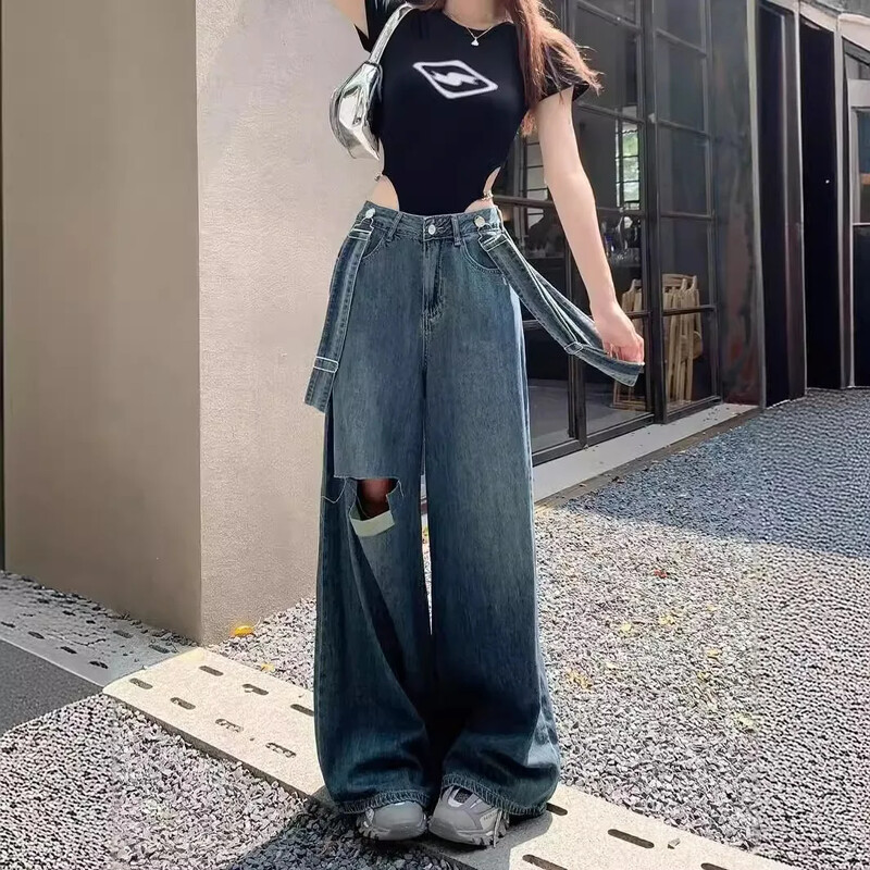 Liela izmēra slaidinoši, brīvi pieguļoši džinsi ar taisnām kājām ar augstu vidukli Sieviešu pavasara rudens modes garās bikses