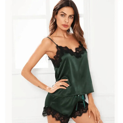 Madingas seksualus imitacinis šilko nėrinių pižamų rinkinys moteriškas Patogus berankovių kelnaičių pižamos šortai naktiniai drabužiai