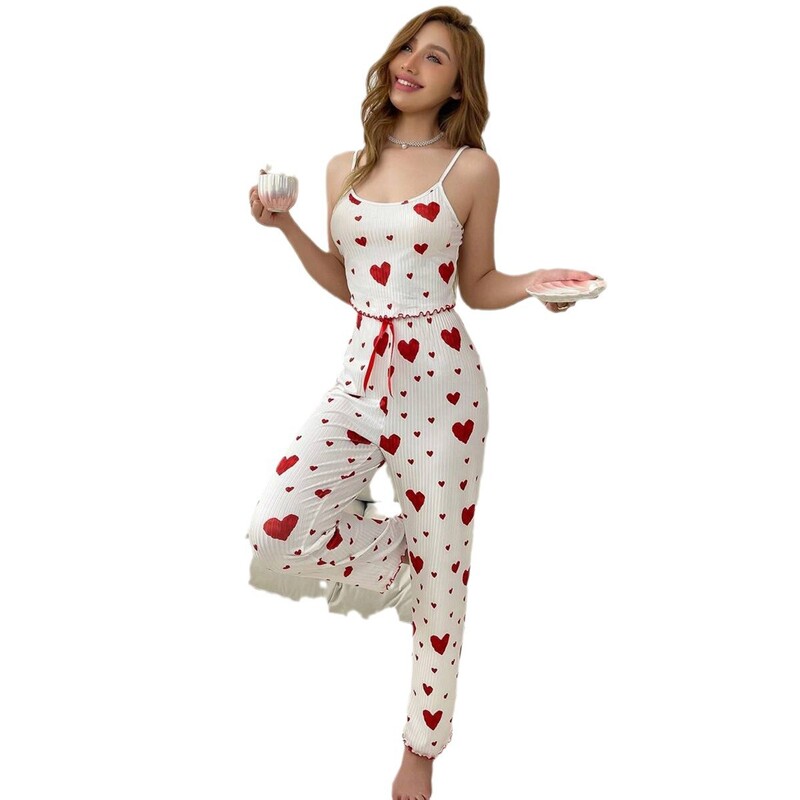 Sieviešu pidžamas lielizmēra pidžamu komplekts 2 gabalu īsa veste + bikses baltas elpojošas, mīkstas ikdienas mīlestības apdrukas