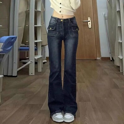 Blue Greydenim Micro Flared Sieviešu Džinsi Pavasara Rudens Augsts Viduklis Tievēšana Taisna Kāja Bell Bottom Bikses Elastīgs Audums