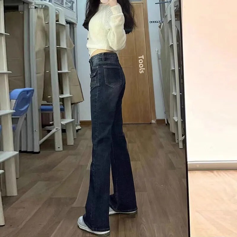 Blue Greydenim Micro Flared Sieviešu Džinsi Pavasara Rudens Augsts Viduklis Tievēšana Taisna Kāja Bell Bottom Bikses Elastīgs Audums