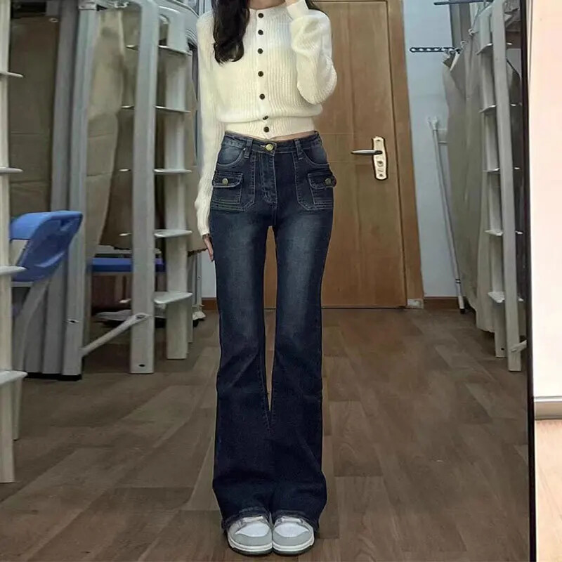 Blue Greydenim Micro Flared Sieviešu Džinsi Pavasara Rudens Augsts Viduklis Tievēšana Taisna Kāja Bell Bottom Bikses Elastīgs Audums