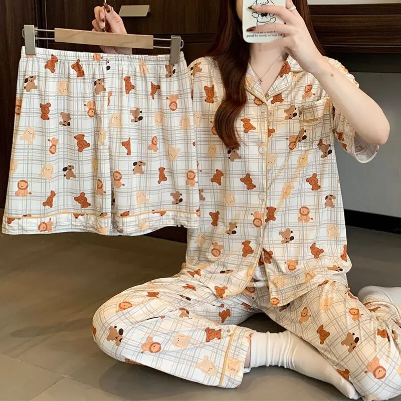 Γυναικεία εκτύπωση κινουμένων σχεδίων Kawaii Little Bear 3τμχ Πυτζάμες μόδας Cute Milk Silk Homewear 2025 Νέο κοντομάνικο+σορτς+παντελόνι