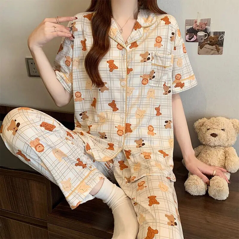 Γυναικεία εκτύπωση κινουμένων σχεδίων Kawaii Little Bear 3τμχ Πυτζάμες μόδας Cute Milk Silk Homewear 2025 Νέο κοντομάνικο+σορτς+παντελόνι