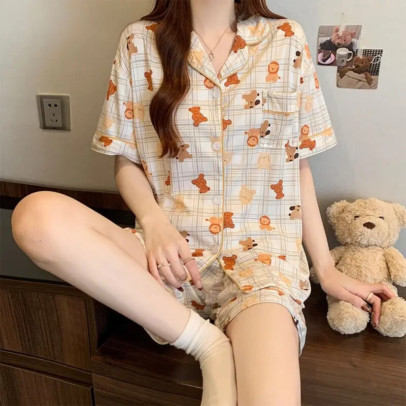 Γυναικεία εκτύπωση κινουμένων σχεδίων Kawaii Little Bear 3τμχ Πυτζάμες μόδας Cute Milk Silk Homewear 2025 Νέο κοντομάνικο+σορτς+παντελόνι