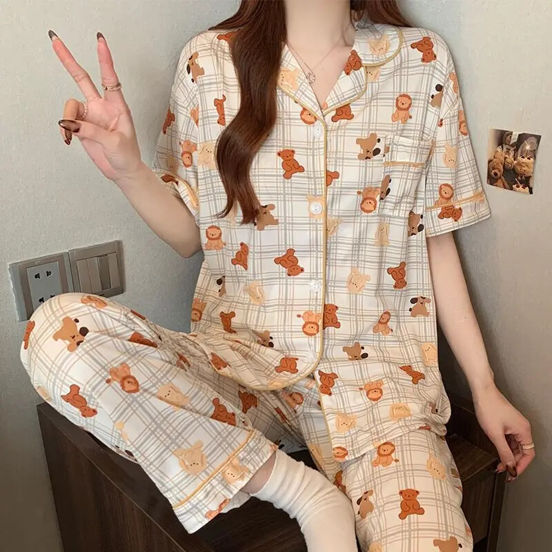 Γυναικεία εκτύπωση κινουμένων σχεδίων Kawaii Little Bear 3τμχ Πυτζάμες μόδας Cute Milk Silk Homewear 2025 Νέο κοντομάνικο+σορτς+παντελόνι