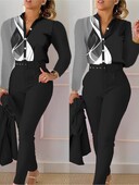 Moteriški marškiniai, 2 dalių kostiumo rinkinys, 2024 m. rudens spausdinimas V kaklo ilgomis rankovėmis laisvalaikio aukšto juosmens kišenės, darbiniai moteriški drabužiai, kelnių rinkinys