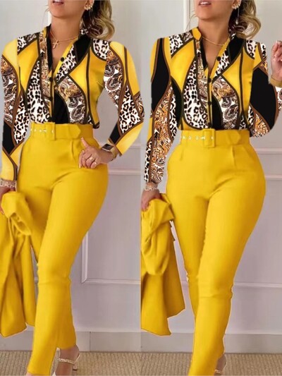 Moteriški marškiniai, 2 dalių kostiumo rinkinys, 2024 m. rudens spausdinimas V kaklo ilgomis rankovėmis laisvalaikio aukšto juosmens kišenės, darbiniai moteriški drabužiai, kelnių rinkinys