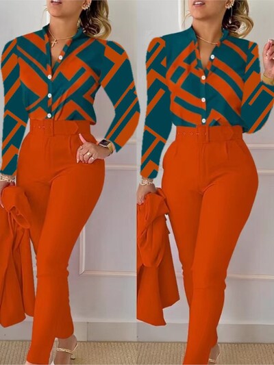 Moteriški marškiniai, 2 dalių kostiumo rinkinys, 2024 m. rudens spausdinimas V kaklo ilgomis rankovėmis laisvalaikio aukšto juosmens kišenės, darbiniai moteriški drabužiai, kelnių rinkinys