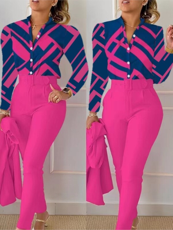 Moteriški marškiniai, 2 dalių kostiumo rinkinys, 2024 m. rudens spausdinimas V kaklo ilgomis rankovėmis laisvalaikio aukšto juosmens kišenės, darbiniai moteriški drabužiai, kelnių rinkinys