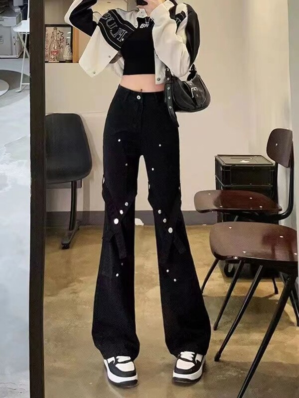 Crne traperice s remenima za žene sa smislom za dizajn Niche Hotties Ravne hlače s visokim strukom Micro-flared High Street trend