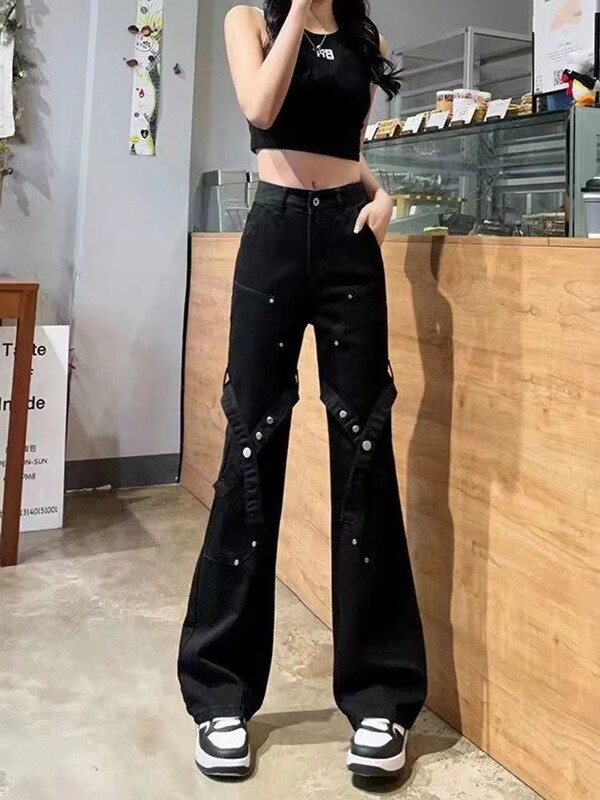 Crne traperice s remenima za žene sa smislom za dizajn Niche Hotties Ravne hlače s visokim strukom Micro-flared High Street trend