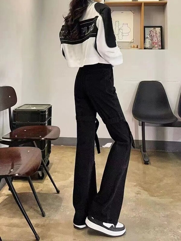 Crne traperice s remenima za žene sa smislom za dizajn Niche Hotties Ravne hlače s visokim strukom Micro-flared High Street trend