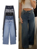 TRAF naiste põhilised mitmekülgsed teksad Uus moodne asümmeetriline disain kõrge vöökohaga laia säärega püksid, liikleja stiilis vabaaja sirged teksad