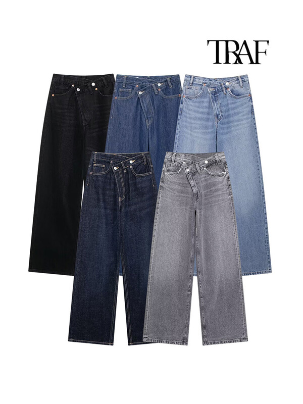 TRAF naiste põhilised mitmekülgsed teksad Uus moodne asümmeetriline disain kõrge vöökohaga laia säärega püksid, liikleja stiilis vabaaja sirged teksad