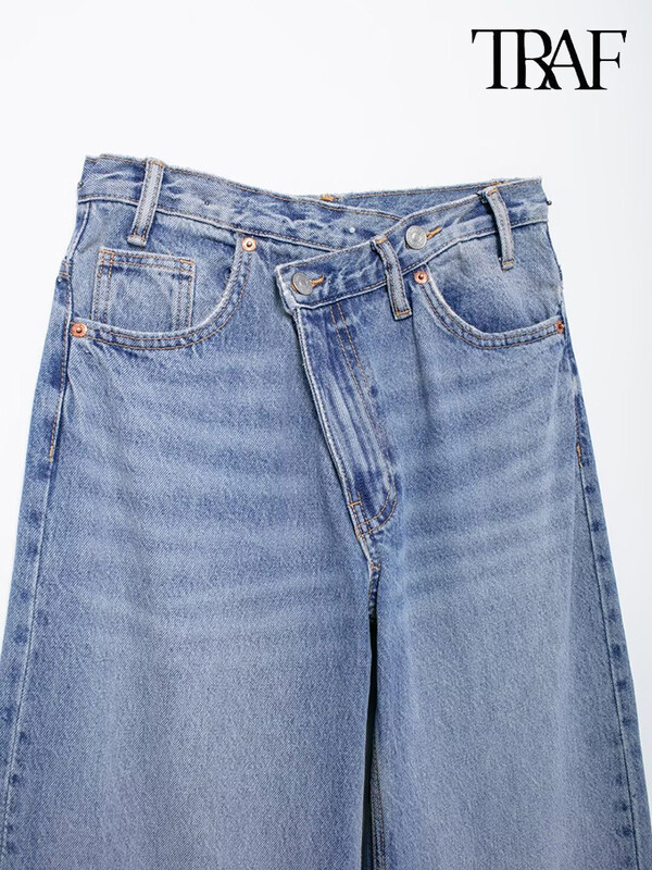 TRAF naiste põhilised mitmekülgsed teksad Uus moodne asümmeetriline disain kõrge vöökohaga laia säärega püksid, liikleja stiilis vabaaja sirged teksad