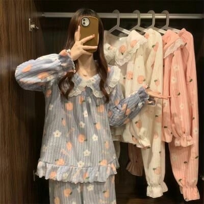 Pijamale pentru femei din desene animate Lenjerie de dormit flanela caldă Seturi de pijama Set de pijama pentru fete Costum Pantaloni Acasă Coreeană Piersică Sleep Lenjerie de dormit din dantelă