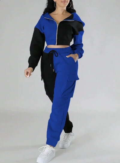 Naiste lahtised sügistalvised kaheosalised ülikonnad, sobivad komplektid kapuutsiga dressid Blokeeritud tõmblukuga lühikesed ülerõivad, nööriga püksid