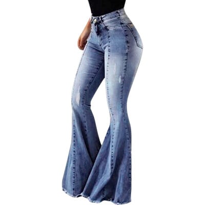 Дамски дънки Slim Fit Denim Pants Bell Bottom High Waist Bootleg Jeans Stretch Female Flare Pantous Модни широки крачоли Скъсани дънки