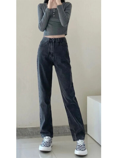 Väikesed naiste sirge säärega teksad Kõrge vöökohaga salendavad vabaaja pikad püksid Sügisene õhuke stiil, avar istuvus suurendab kõrgust