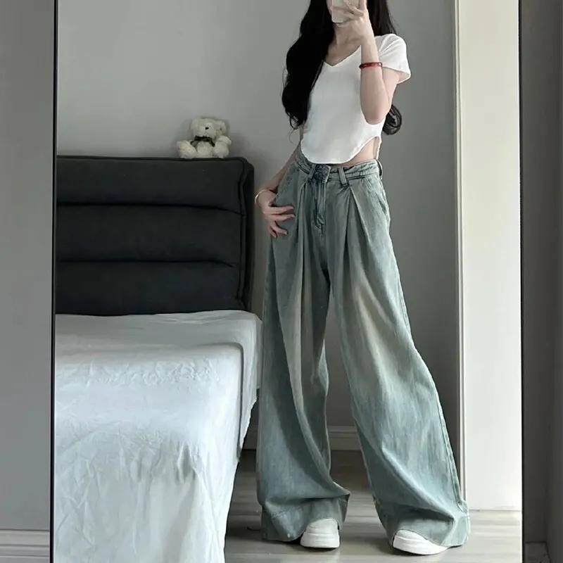 2024 Sinised sirged teksad Naiste Korea mood tänavarõivad kõrge vöökohaga laia säärega teksapüksid, naiste lahtised teksapüksid Y2K