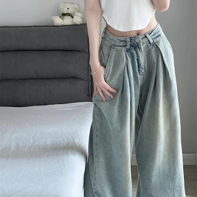 2024 Sinised sirged teksad Naiste Korea mood tänavarõivad kõrge vöökohaga laia säärega teksapüksid, naiste lahtised teksapüksid Y2K