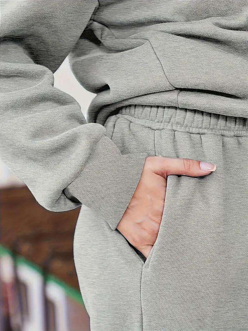 Naiste Suures suuruses vabaaja sportlik kaheosaline komplekt, taskud, alla keeratav krae, tõmblukk, pikkade varrukatega pullover, talveks sobiv komplekt