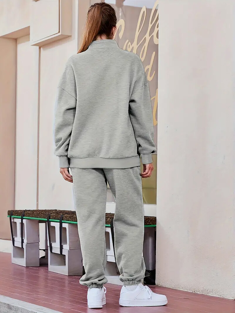 Naiste Suures suuruses vabaaja sportlik kaheosaline komplekt, taskud, alla keeratav krae, tõmblukk, pikkade varrukatega pullover, talveks sobiv komplekt