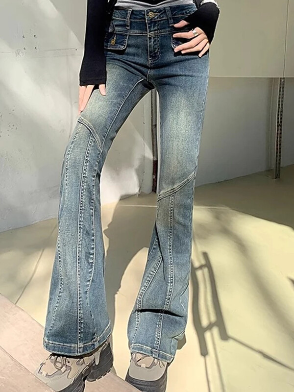 Naine Uued kõrge vöökohaga moes laiadega teksad Naised Slim Fit Disainer Denim Bell Bottom püksid Tüdrukud Retrosinised mustad hallid püksid