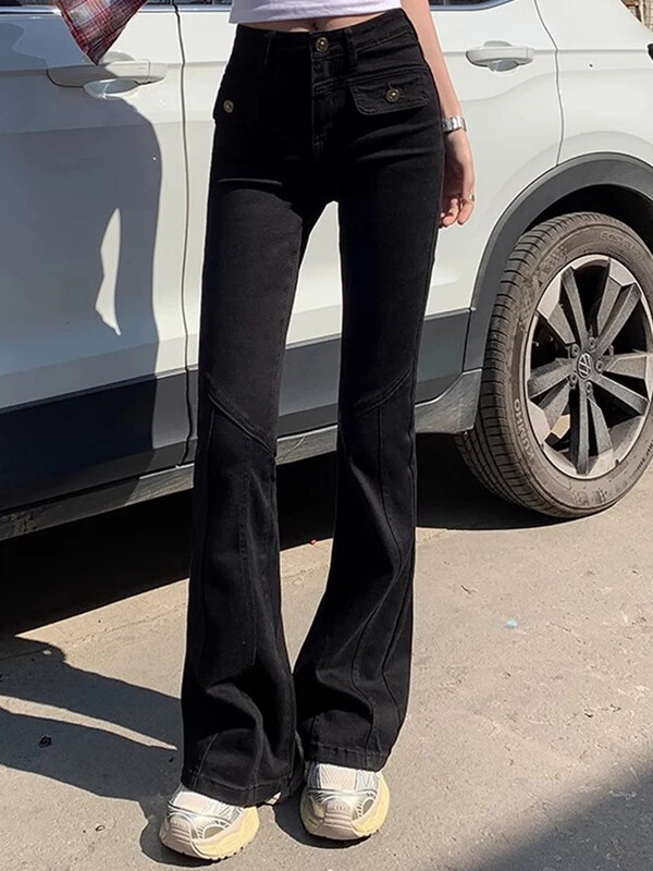 Naine Uued kõrge vöökohaga moes laiadega teksad Naised Slim Fit Disainer Denim Bell Bottom püksid Tüdrukud Retrosinised mustad hallid püksid